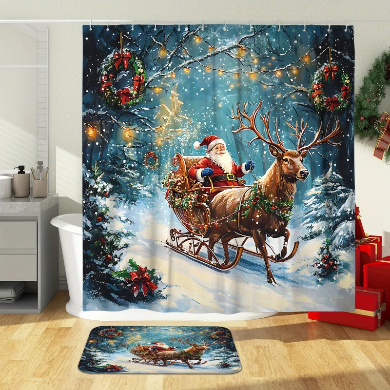 Festive Christmas Shower Curtain Set: Santa and Reindeer on Sled, 71