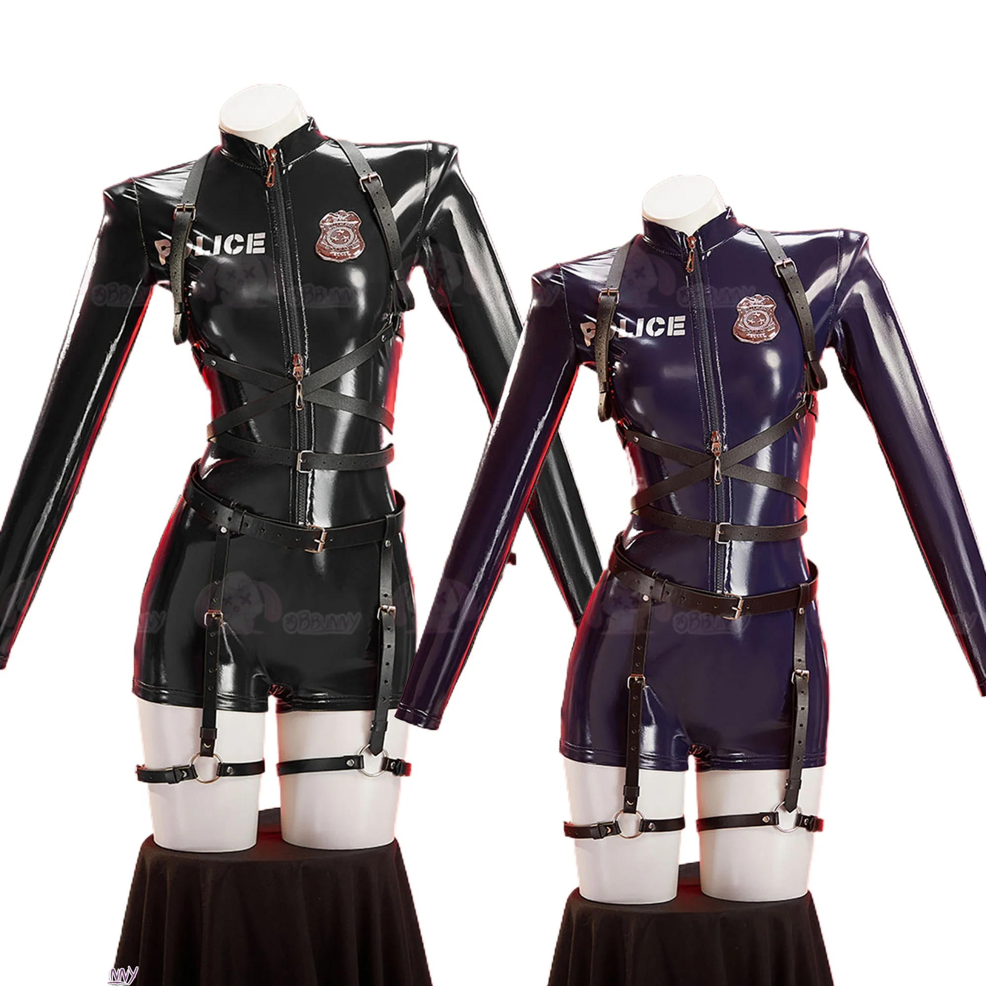 

Gemini Female Police Officer Tight Jumpsuit PU Leather Black/Blue Police Cosplay Costume