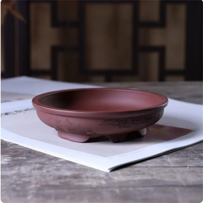 yesCeramic Round Bonsai Pot, Shallow Basin, Red, Green Clay, Inner Size 12.5cm, Carved, Flower Planting, Home Table Garden Decor