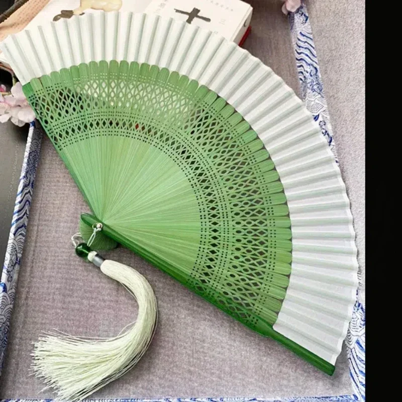 Cheongsam Hand Green Folding Summer Fan Small Single-Sided Ribs Bamboo Portable Ancient Dance Style Fan Chinese Style Hanfu