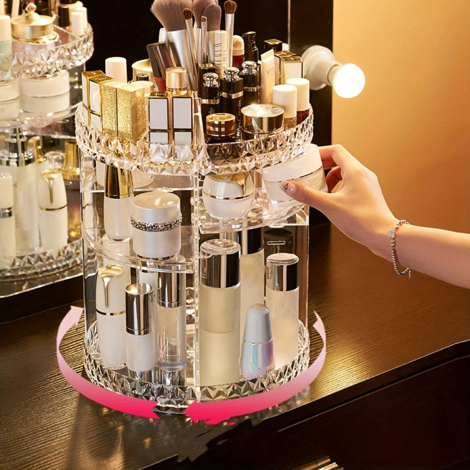 

Rotating Makeup Organizer for Vanity, High-Capacity Cosmetic Dresser Organizer for Perfume, Lipstick, Lotion, Brushes