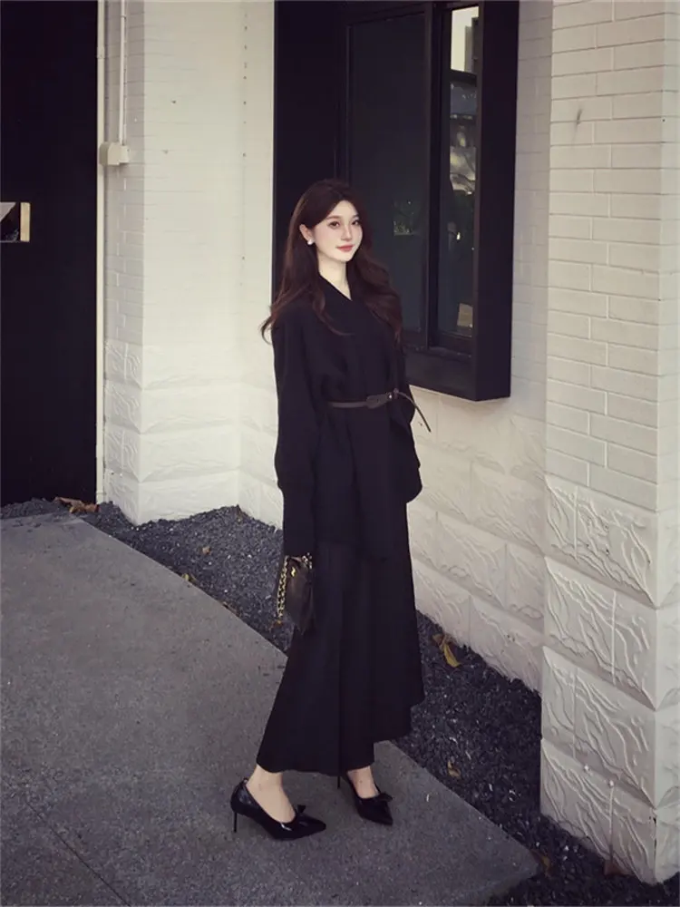 

Hebe Sle Satin f-length Coat And Skirt Set Women's Faion Spring Outfit Korean Loose Fit Long Sve Crew Ne