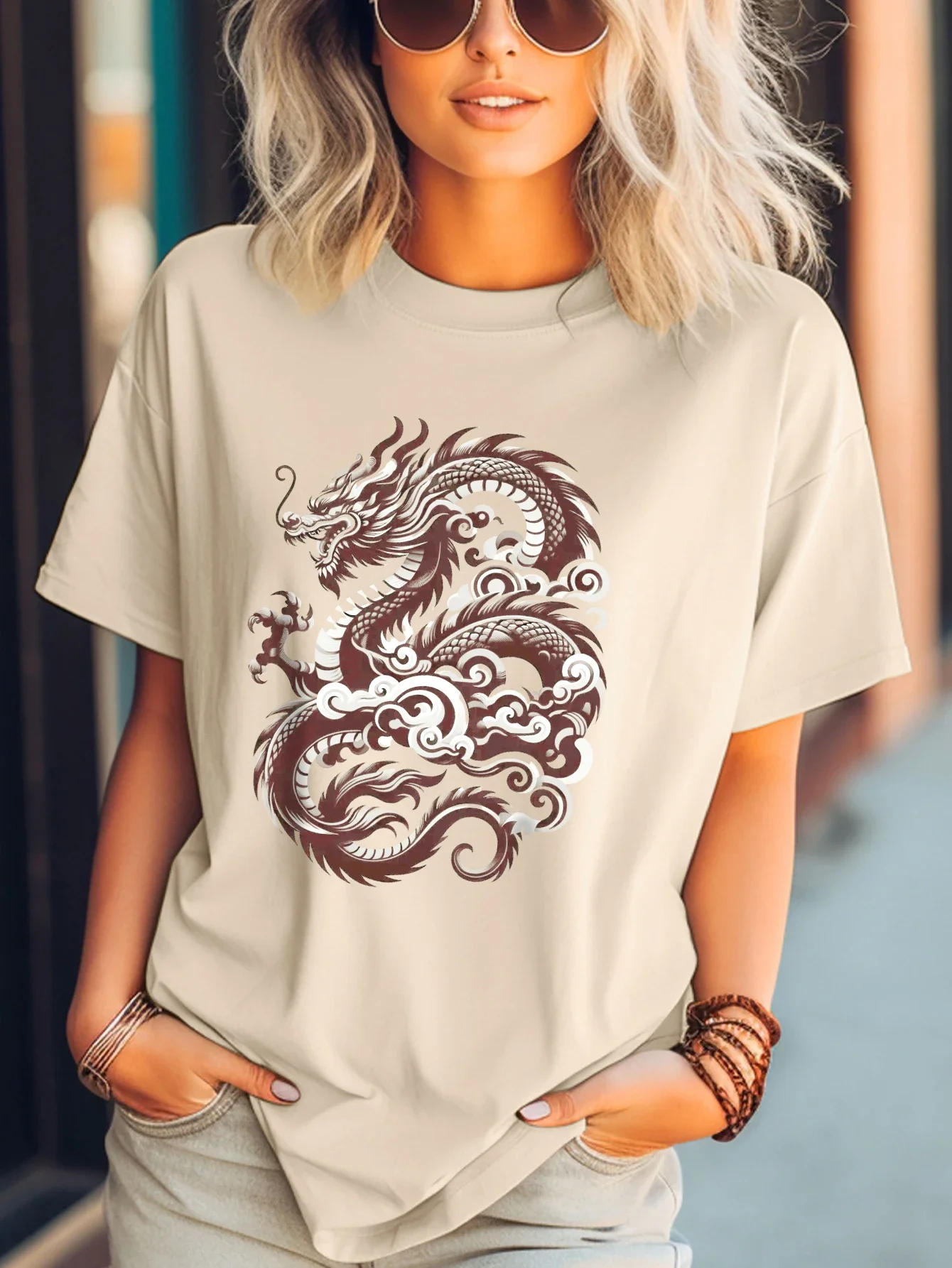 Majestic-Eastern Dragon Print T-shirt, Short Sleeve, Crew Neck, Casual Top for Summer and Spring, Women\'s Clothing