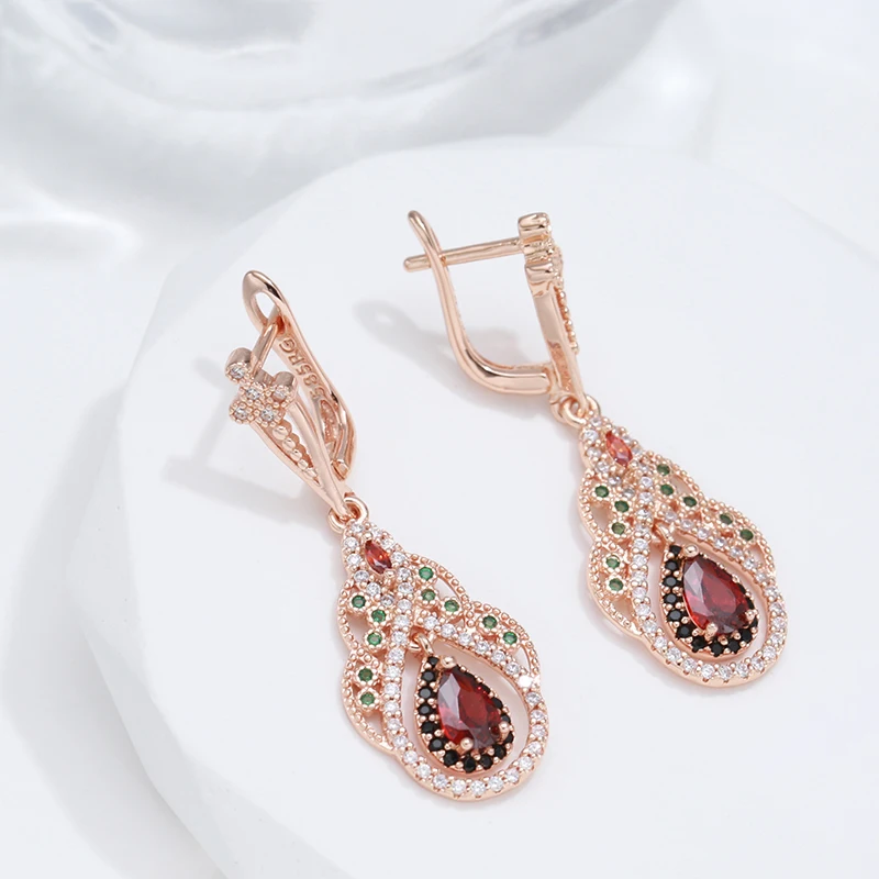 Kinel 2022 New 585 Rose Gold Color Drop Earrings for Women Crystal Flower Red Natural Zircon Earrings for Women Vintage Jewelry