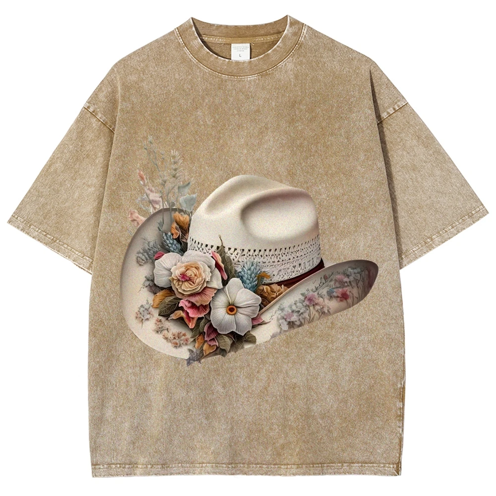 تي شيرت برسومات Y2K، قبعة على الطراز الغربي مع طباعة لهجات الأزهار، قماش ريفي وأنيق، قماش ناعم لراعي البقر - مظهر كاجوال مستوحى