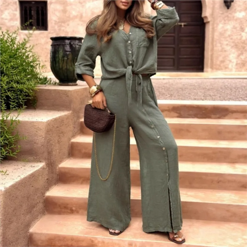 

Women's Two-piece Buttoned Lace-up Shirt 2026 Spring Summer Long Hem Buttoned Solid Color Long-sleeved Top Trousers Pocket Suit