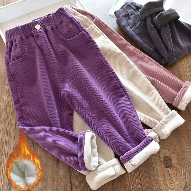 Kids Warm Pants Boy Girls Autumn Winter Corduroy Thick Outer Wear Sports Trousers 1-9Y Children Clothes Casual High Waist Pants