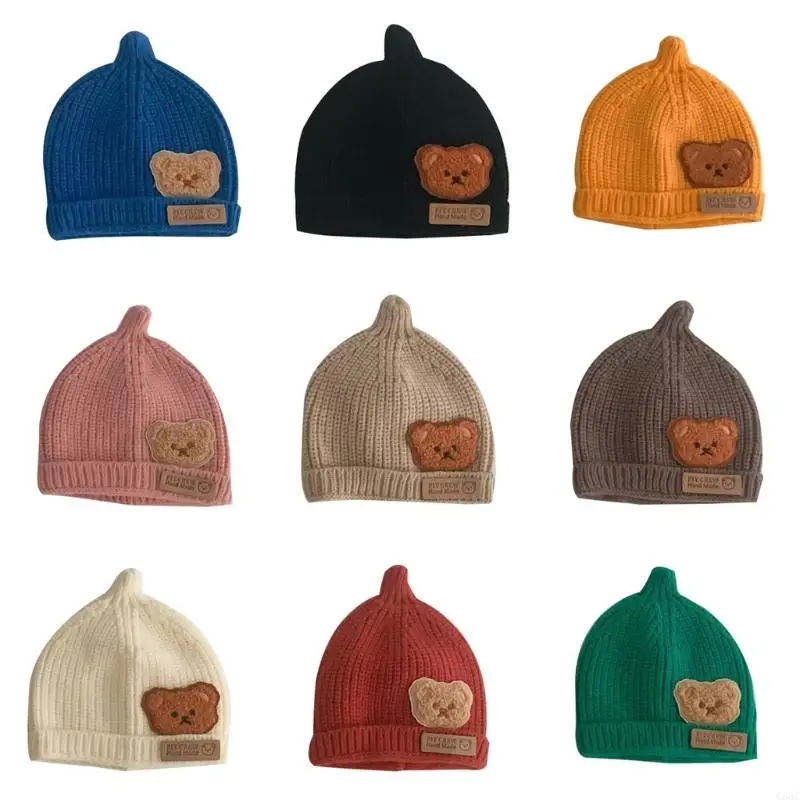 2023 Crochet Knitted Baby Hat Soft Bonnet Embroidered Bear Hat Winter Warm Hat for Baby Boy Girl 0-8Months C63C
