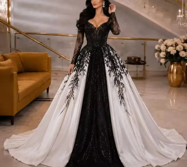 Elegant Black White Formal Evening Gown V-neck Long-sleeved Lace-embellished Beaded A-line Birthday Dress for Women Customized