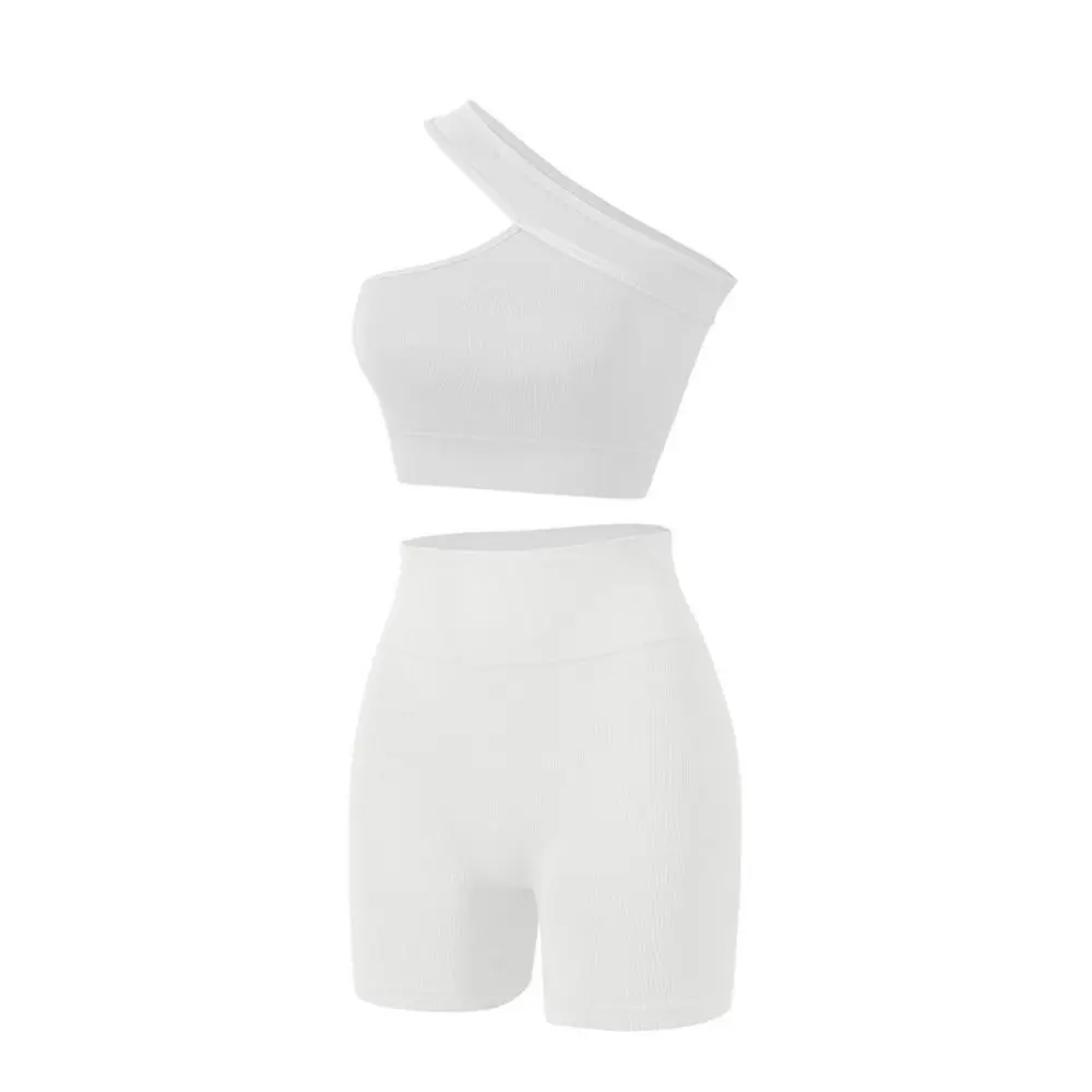 

2Pcs Casual Seamless Women Workout Sets Ribbed High Waist Yoga Outfits One Shoulder Tank Tops Lady Tracksuit Fitness