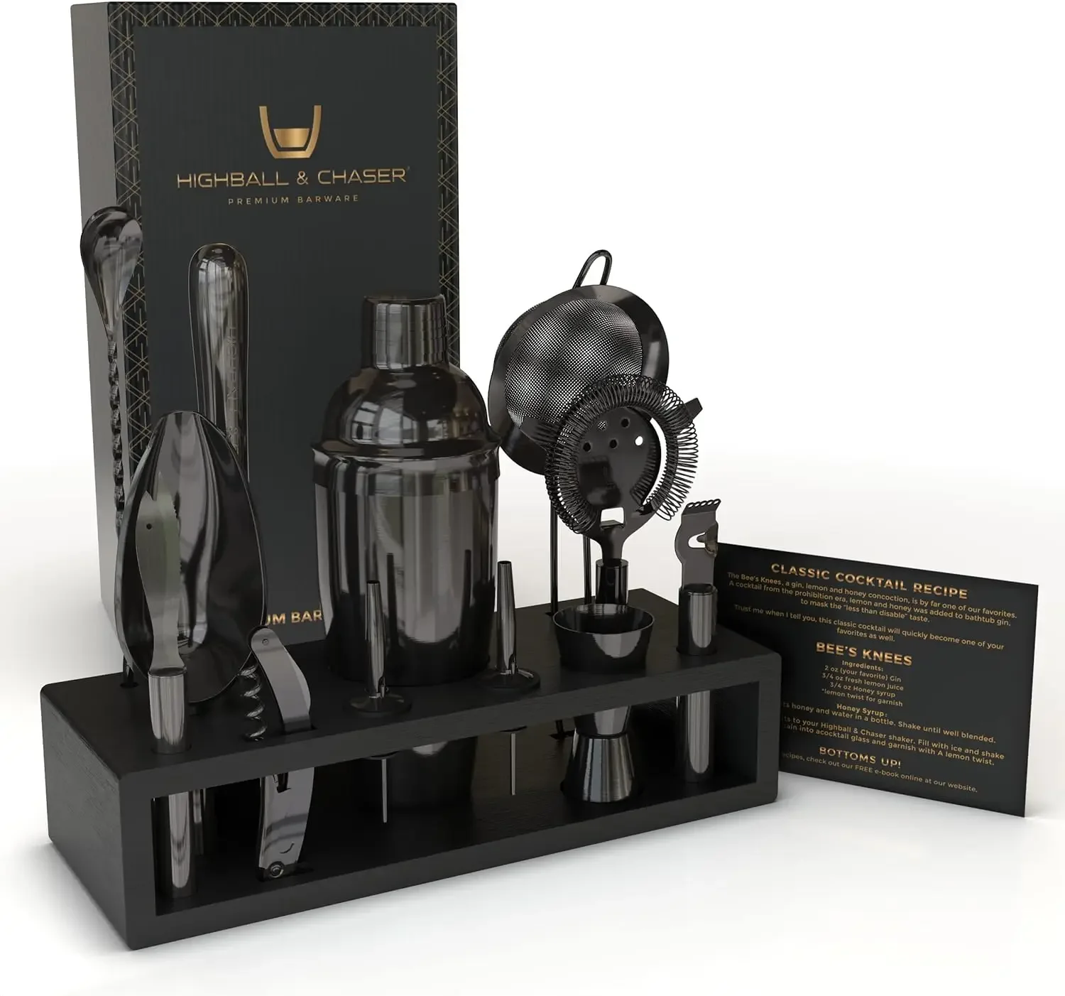 

Highball & Chaser 13-Piece Cobbler Cocktail Shaker Set: Black Polished Stainless Steel Bartender Kit for Home Bar Set | Laser