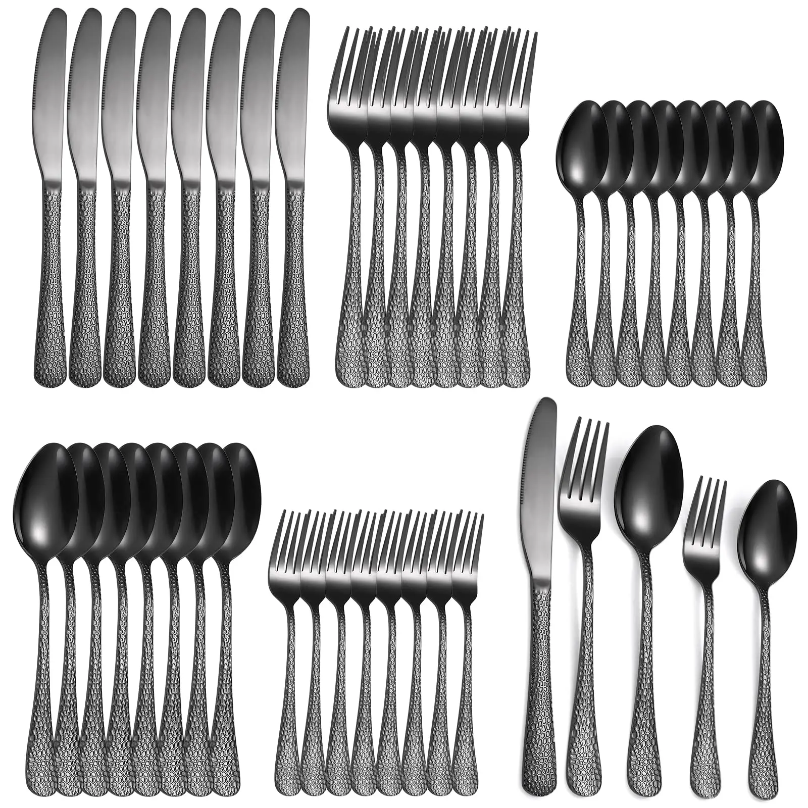 

A · HOUSEWARE Black Hammered Silverware Set 8 Stainless Steel Flatware Vintage 40 piece include Knife Fork Spoon Proper Weight