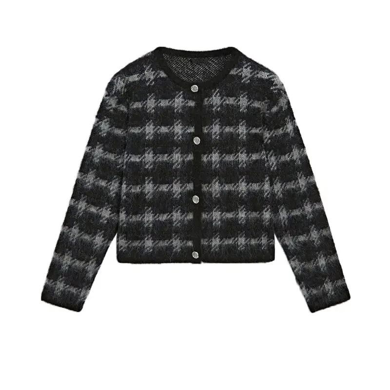 

New Autumn Winter ey Plaid ort Knitted round Ne Open Front Coat for Women Commute Sle Straight Cut Single Piece