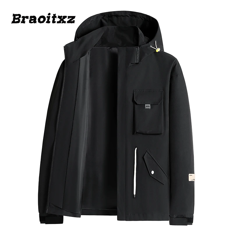 

M-9XLNew Spring Autumn Outdoor Camping Casual Waterproof Breathable Jacket Men Windproof Stand Collar Detachable Hood Jacket Men