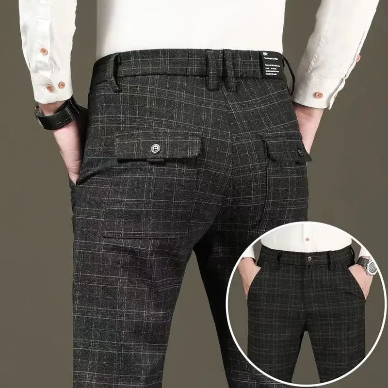 New Arrivals Men\'s Plaid Casual High-Quality Long Pants Straight Business Suit Pants Fashionable Brand Slim Fit Casual Elastic