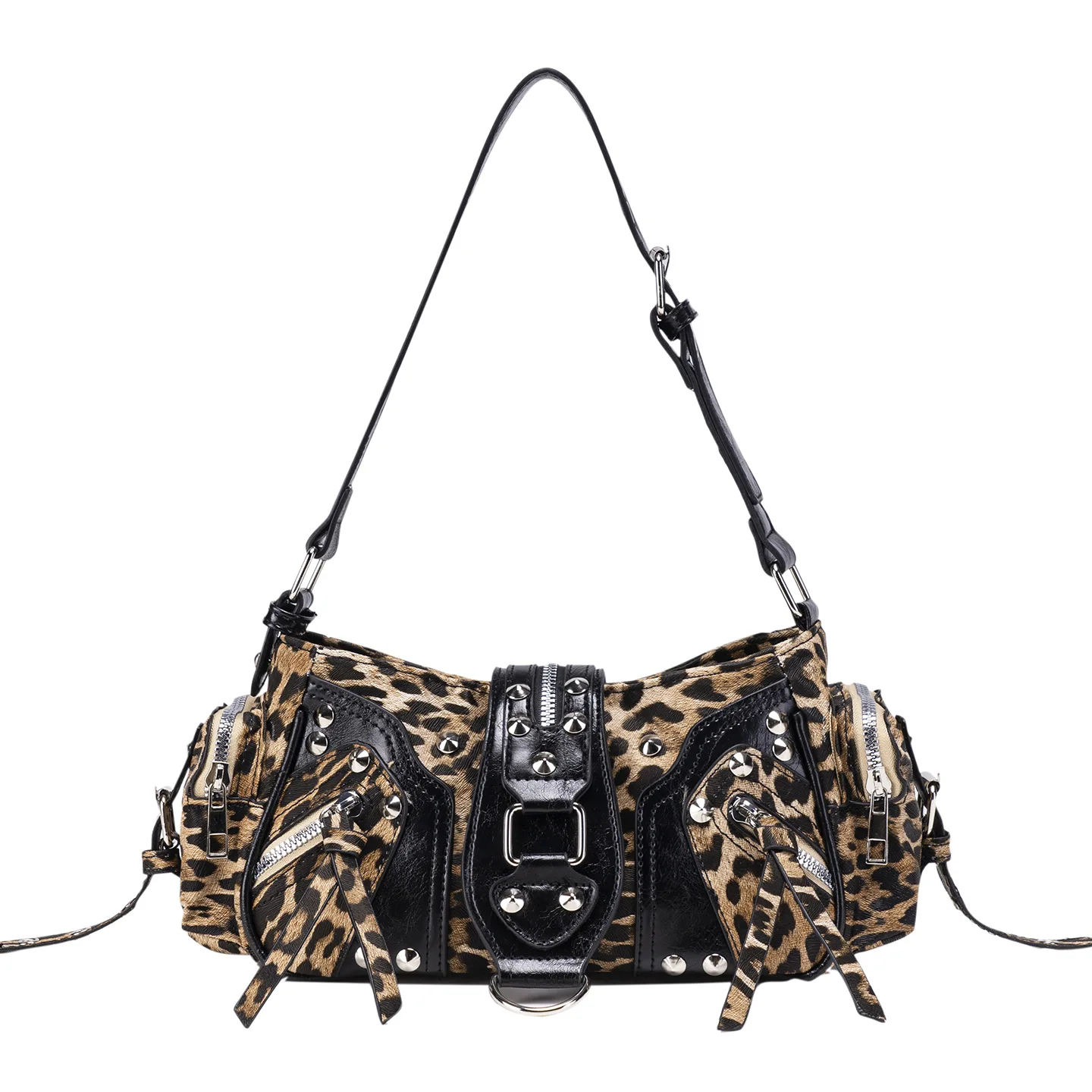 

Women Bag PU Rivet Fashion Luxury New Vintage Locomotive Style Shoulder Bag leopard print Bags Crossbody Girls