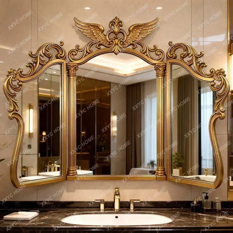 XXRetro Tri-fold Makeup Mirror Court Carving Old Gold High-end Wall-mounted Three-sided Bathroom Mirror