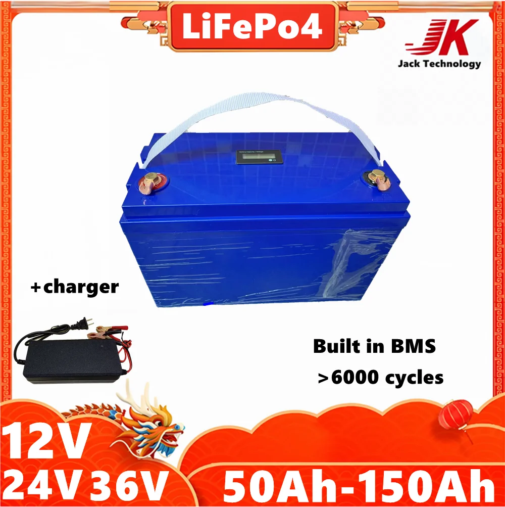 

JK 12V 100AH 120Ah 150Ah 24V 36V 50AH 60Ah 80Ah Lifepo4 Battery Deep Cycle Lithium Batterie for Trolling Motor Outdoor Boat RV