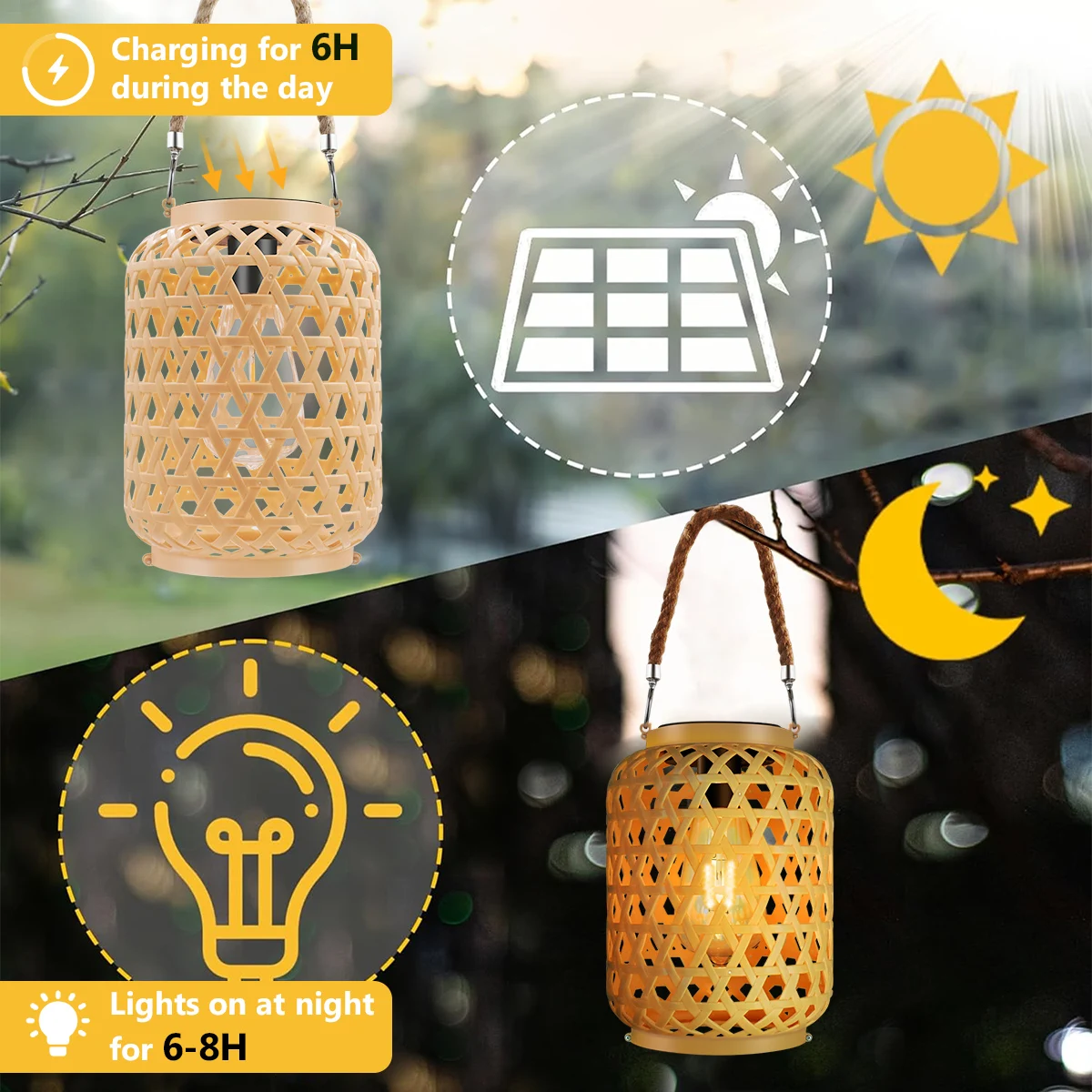 Rattan Solar Lanterns Outdoor Hanging Solar Bulb Lights Waterproof Country Decor Solar Table Light Decoration for Garden Yard