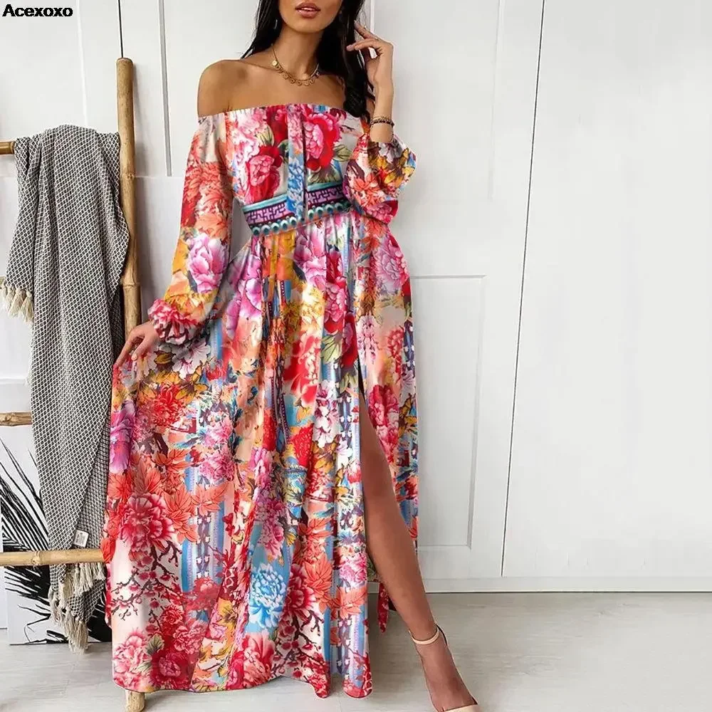 

2023 summer new women's fashion casual waist print shoulder retro long sleeve slit dress