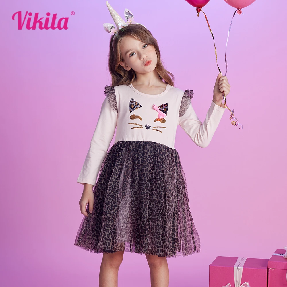 VIKITA Kids Leopard Print Dress Girls Cat Cartoon Flare Sleeve Princess Dresses Girls Autumn Spring Patchwork Fashion Dress