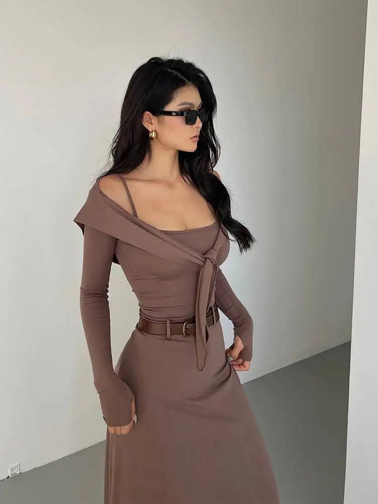 WOMENGAGA Hemdje Gebreide Jurk Met Capuchon Elegant Voor Vrouwen Herfst Nieuwe Hoge Taille Slanke Riem Mode Gewaad Koreaanse Vrouwen Top 0PPB