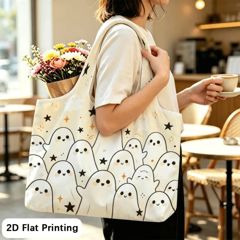 Cute ghosts play with bright stars Foldable tote bag, simple shoulder design for daily outfits.