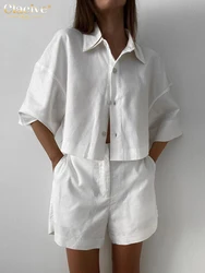 Clacive-Conjunto de dos piezas de lino blanco para mujer, camiseta de manga corta con pantalones cortos de cintura alta, moda de verano, 2023