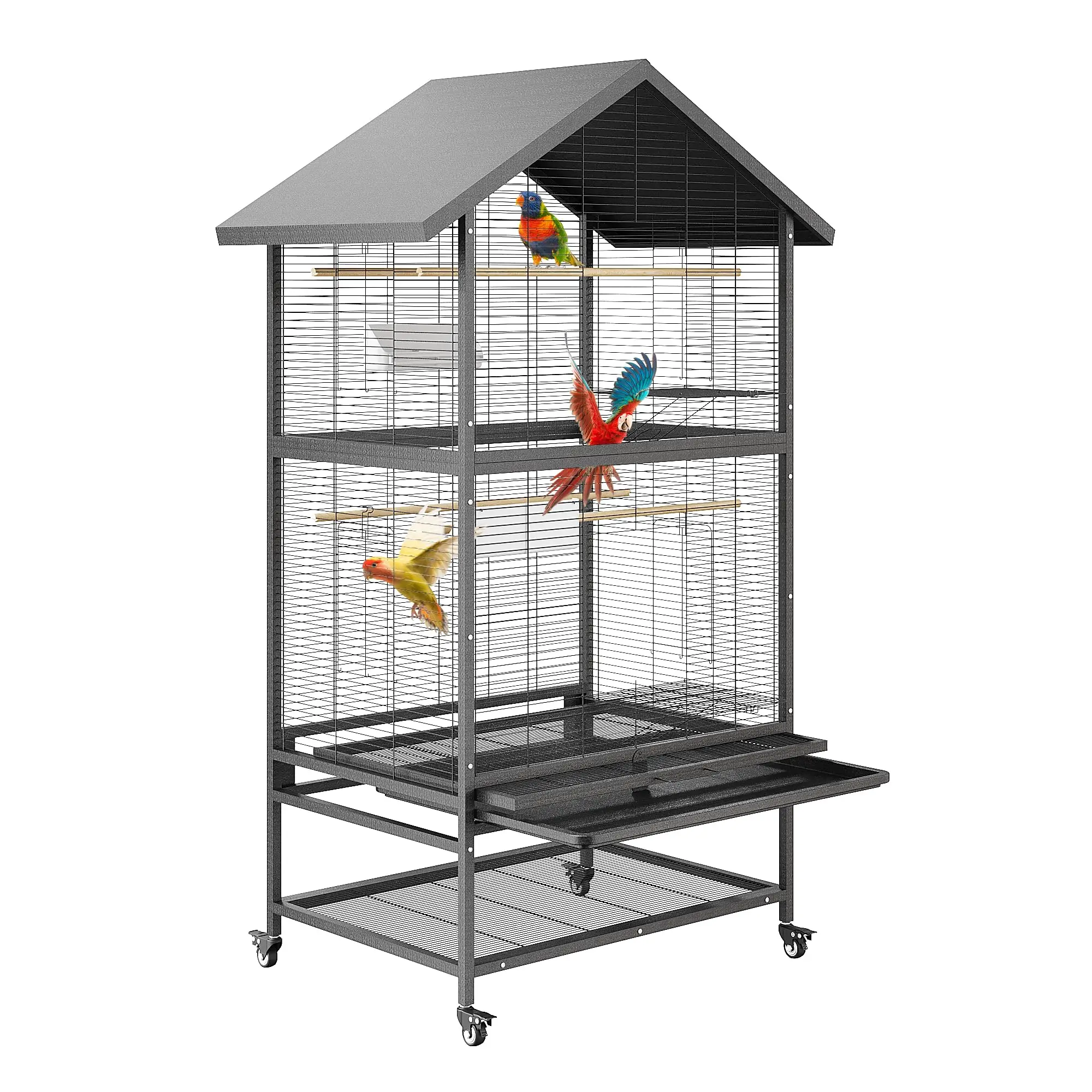 

60" Heavy-Duty Double-Layer Steel Parrot Breeding Cage,Large Aviary with 4 Locking Silent Casters Easy-Clean Removable Tray & Fe