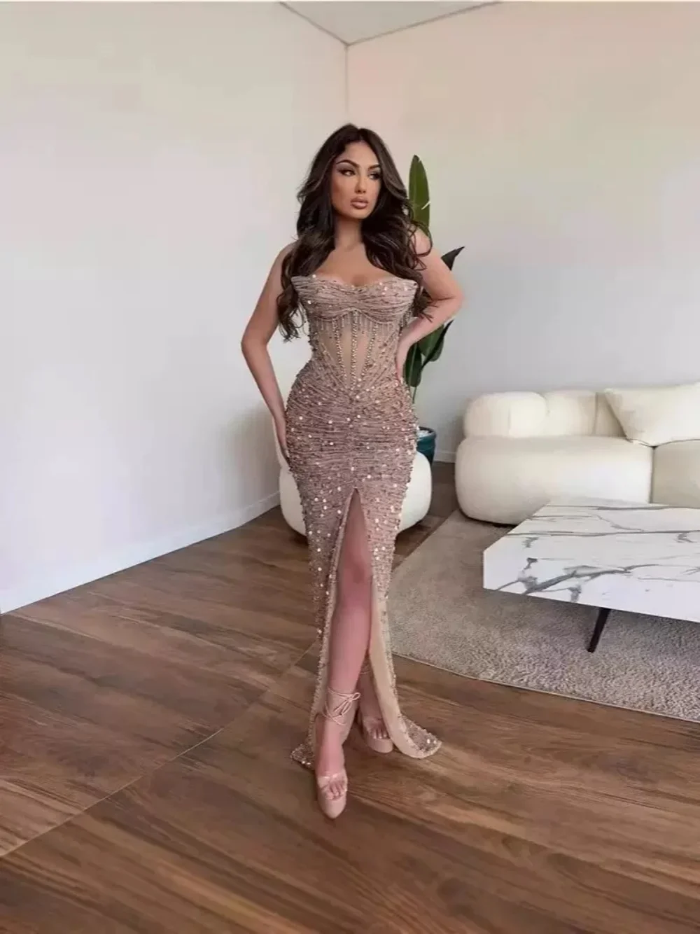 Luxurious Sparkling Mermaid Sparkling Beaded Ball Dress Sexy strapless Split Formal Occasion Party Evening Dress 2026 Customized