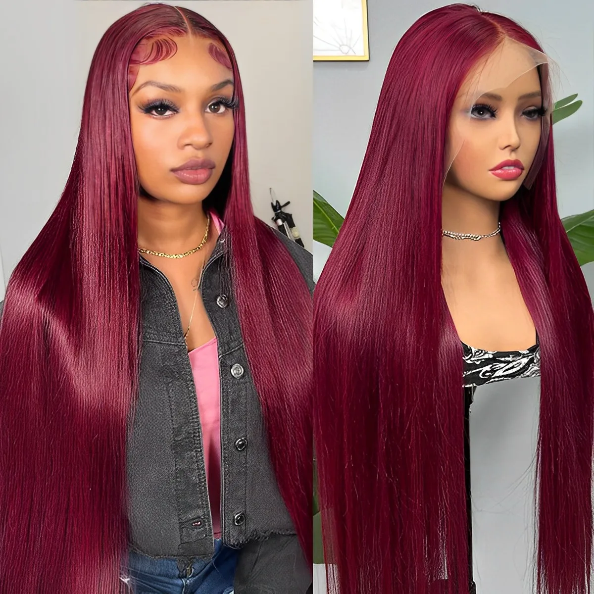 Burgundy Brazilian Bone Straight Lace Closure Wig For Women 180% Red 99J 13x4 13x6 HD Transparent Lace Frontal Human Hair Wigs