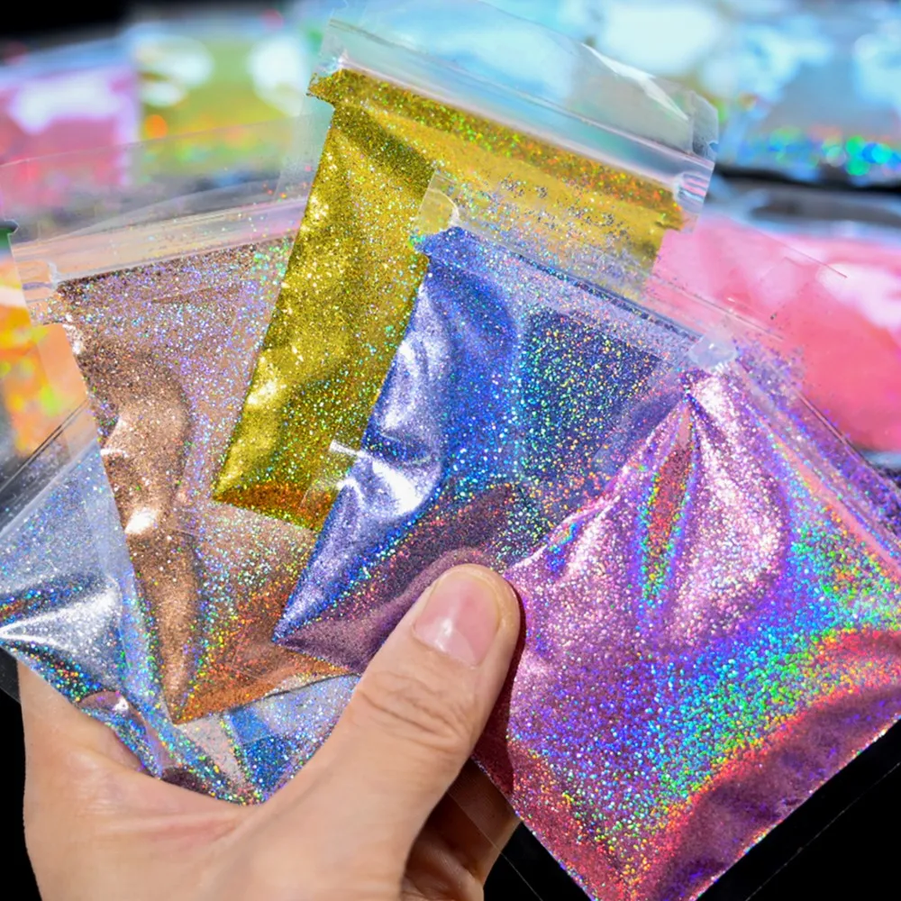 50 g/zak Holografisch Nagelpoeder Fijne Regenboog Holo Eenhoorn Spiegel Lasereffect Nail Chrome Pigment Ultrafijn Laser Glitter Poeder