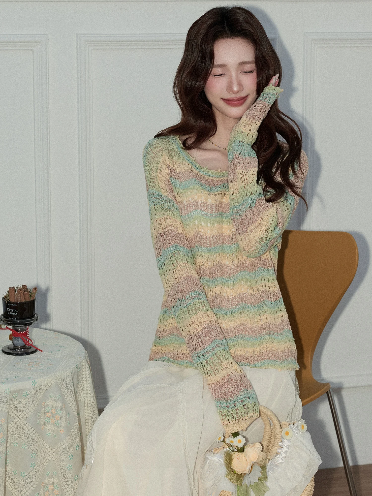 

Soft Loose Women's Long Sleeve Knitted Sweater Hollow out Rainbow Stripes Design Spring Summer Gentle Style Comfortable Top