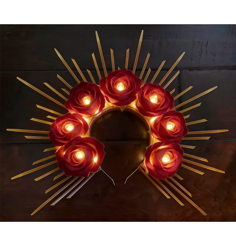 

Светодиодная светящаяся повязка на голову с красными розами, головной убор с шипами в стиле Sunburst, светящийся декор в виде бабочки для Хэллоуина, косплея и готических свадеб