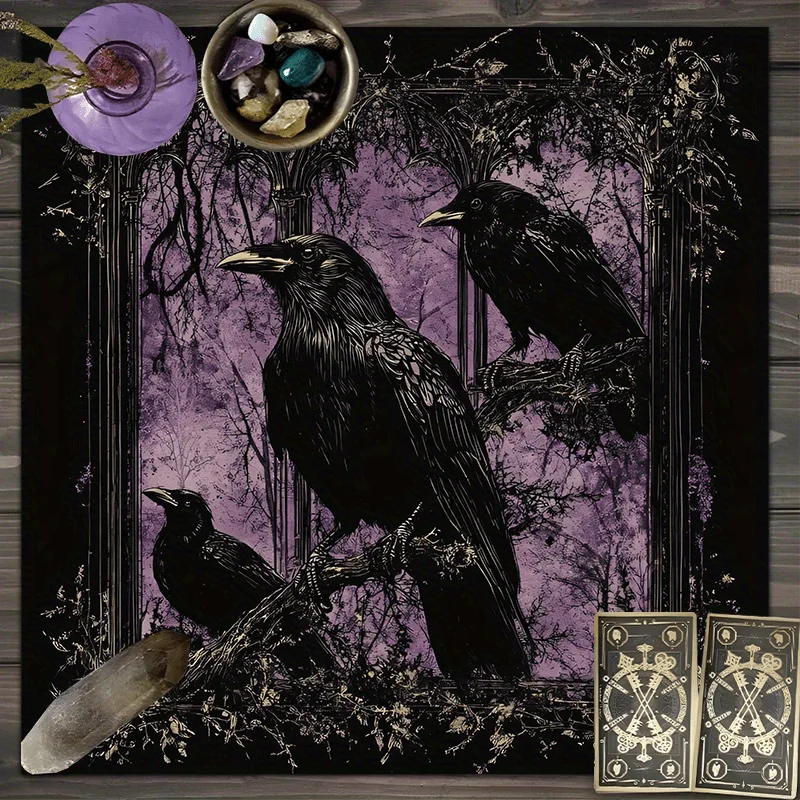 50/75/110/137cm Tarot mat Dark Night Raven Tablecloth Purple Branch Black Raven Gothic Elements Restaurant Altar Dark Style
