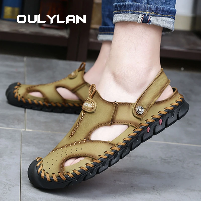 

Summer New Arrival Mens Casual Leather Beach Sandals Fashion Brand Man Two Ways To Wear Slippers and Sandals Outdoor Half Flats