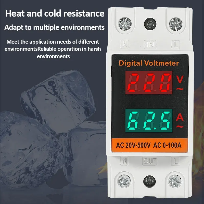 Din Rail AC Voltmeter Ammeter AC220V AC380V Digital AC Voltage Current Meter LED Display Electric Meter AC50-500V 0-99.9A