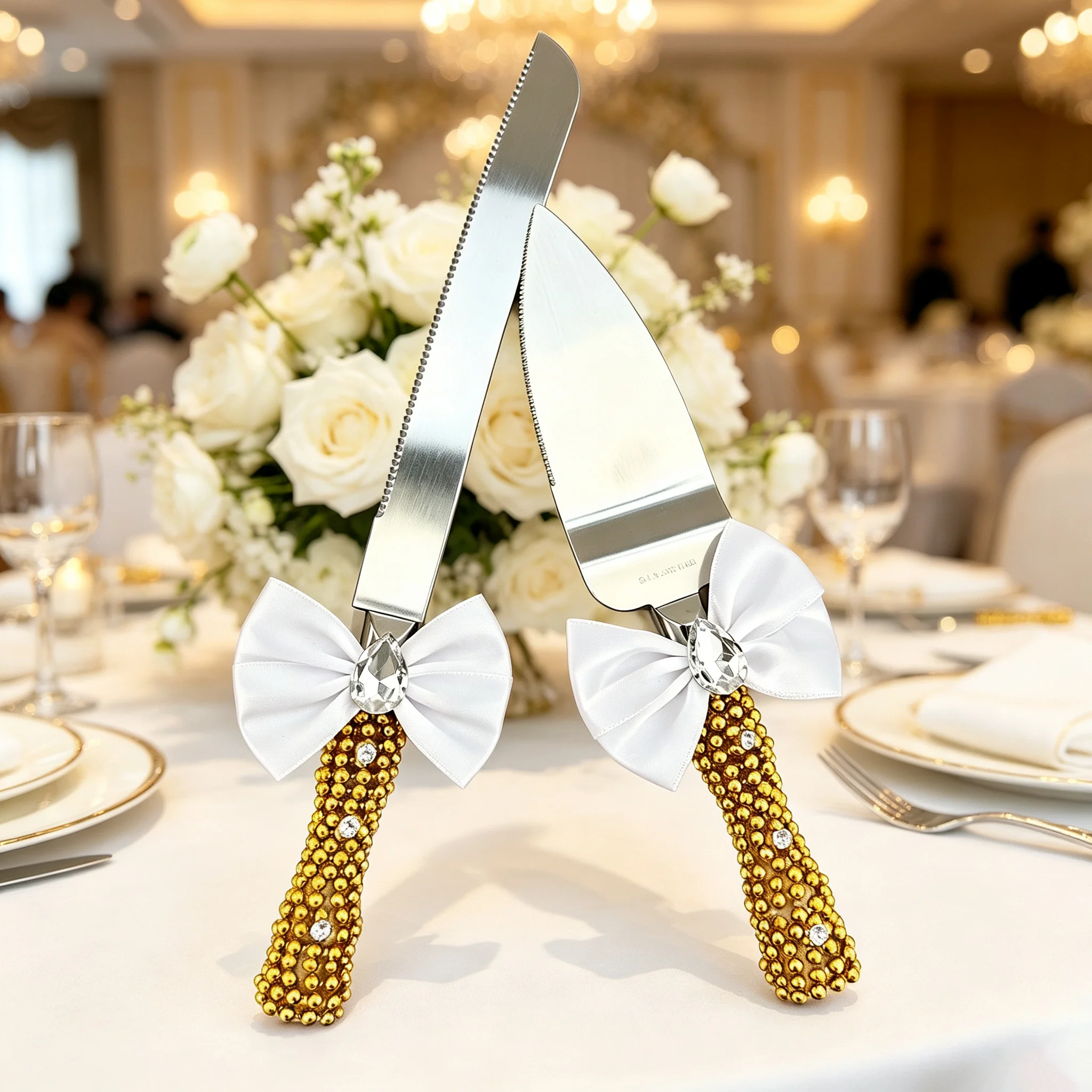 Wedding Cake Knife Server Set Gold Beaded Handle With White Bow Rhinestone Decoration Cake Cutting Kit Wedding Party Supplies