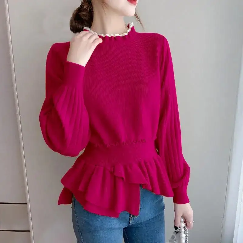 Spring and Autumn Women\'s Solid Long Sleeve Knitted Bottom Waist Hemiline Ruffles Screw Thread Fashion Casual Office Lady Tops