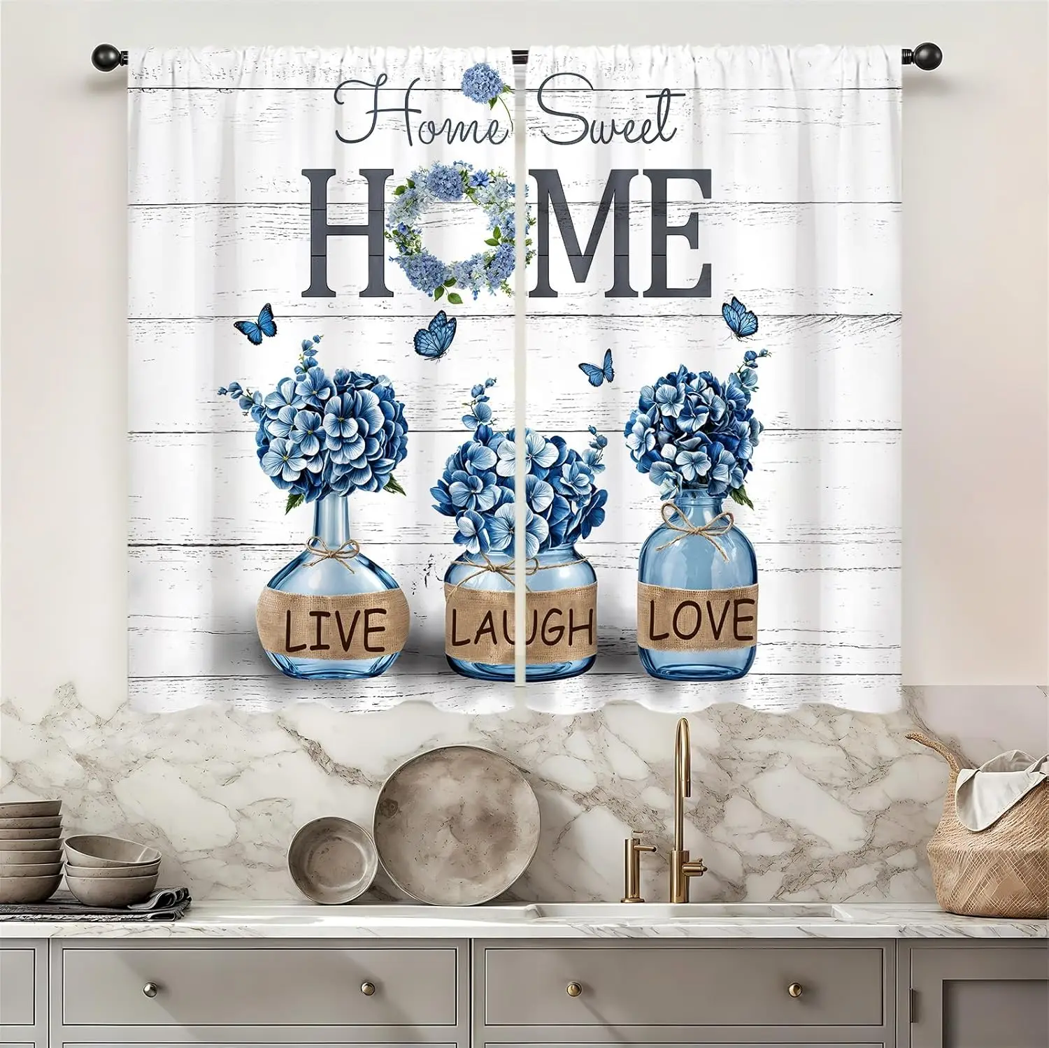 Farmhouse Blue Hydrangea Kitchen Curtains Rusitc Country Retro Vintage Home Sweet Small Short Cafe Tier Wooden Window Drapes