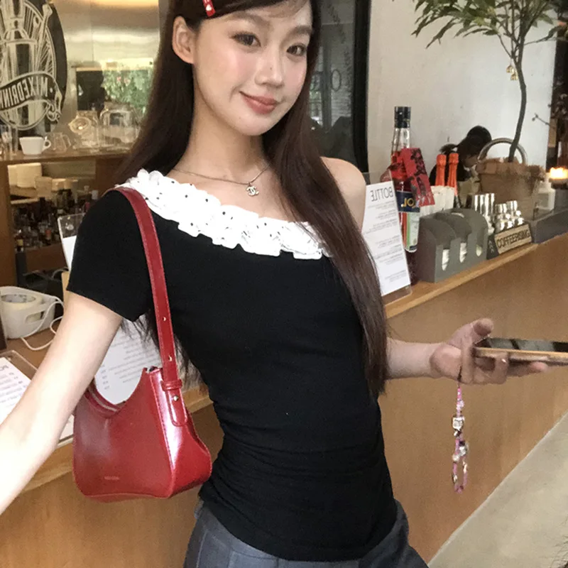 Y2k Off Schouder Korte Mouw T-shirt Vrouwen Slim Fit Amerikaanse Hot Girl Sexy Vintage T-shirt Koreaanse Fashion Casual Veelzijdige Tops
