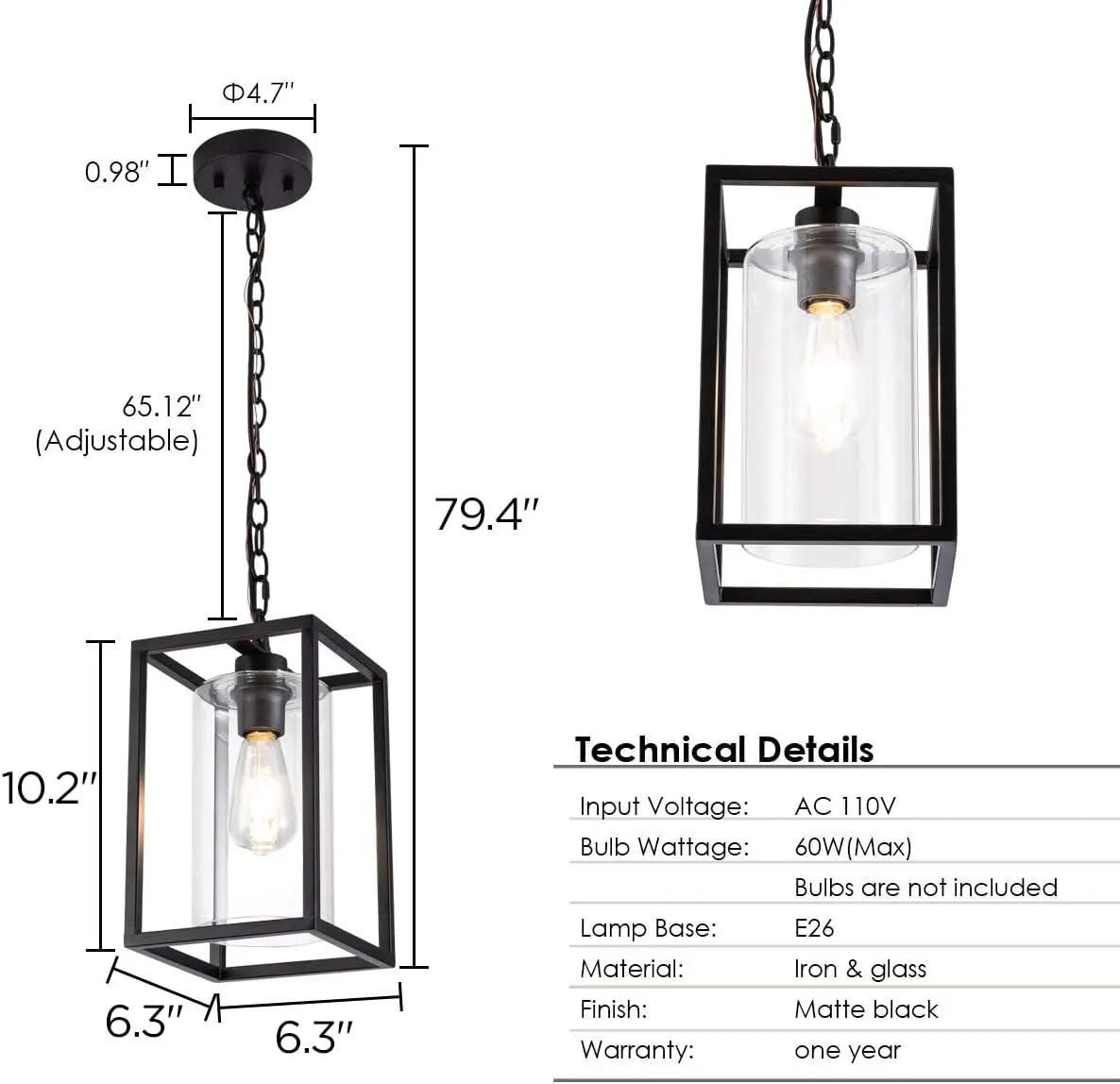 Mayna 1-Light Farmhouse Pendant Light, Black Metal Cage Light Fixtures With Adjustable Chain And Glass Shade,Hanging Lights For