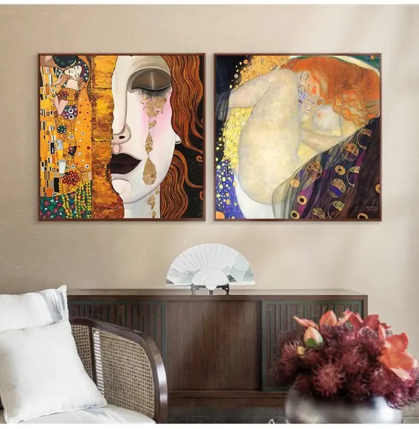 Mintura 100% Hand Paintied Famous Reproduction Gustav Klimt Paintings The Kiss Adele Danae Oil painting Wall Art For Living Room