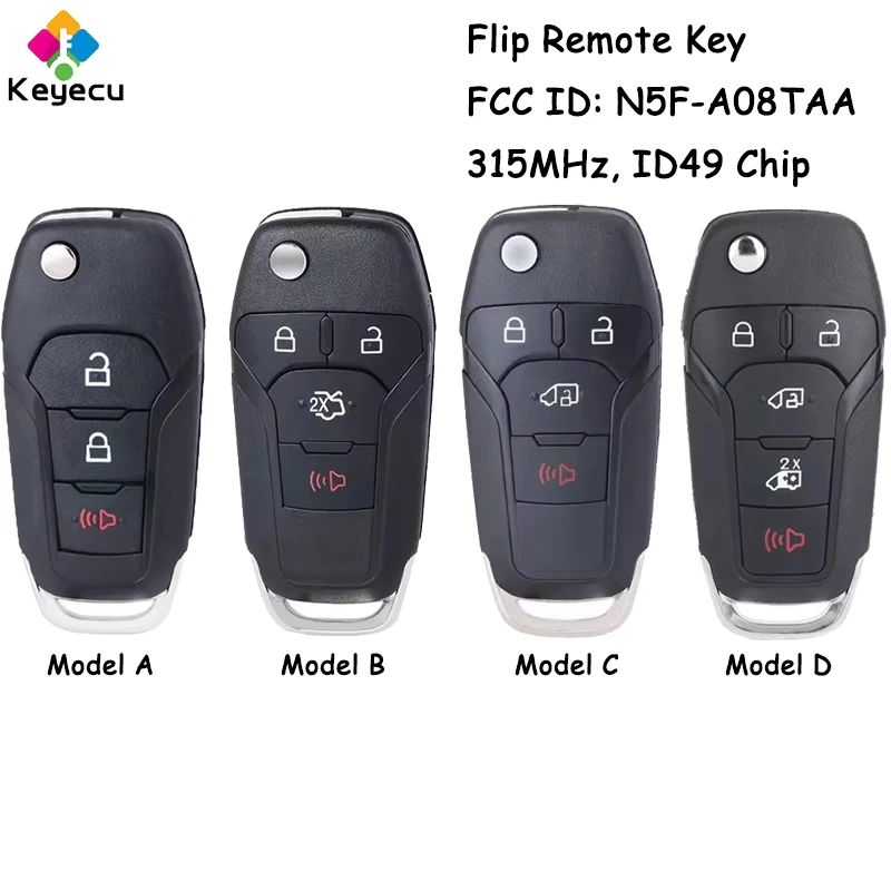 KEYECU Flip Remote Car Key With 3 4 5 Buttons 315MHz ID49 Chip for Ford Fusion F-150 F-250 F-350 EcoSport Transit Fob N5F-A08TAA