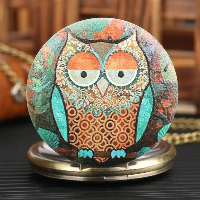 Colorful Cute Night Owl Design Full Hunter Quartz Analog Pocket Watch for Men Women Sweater Necklace Chain Retro Timepiece