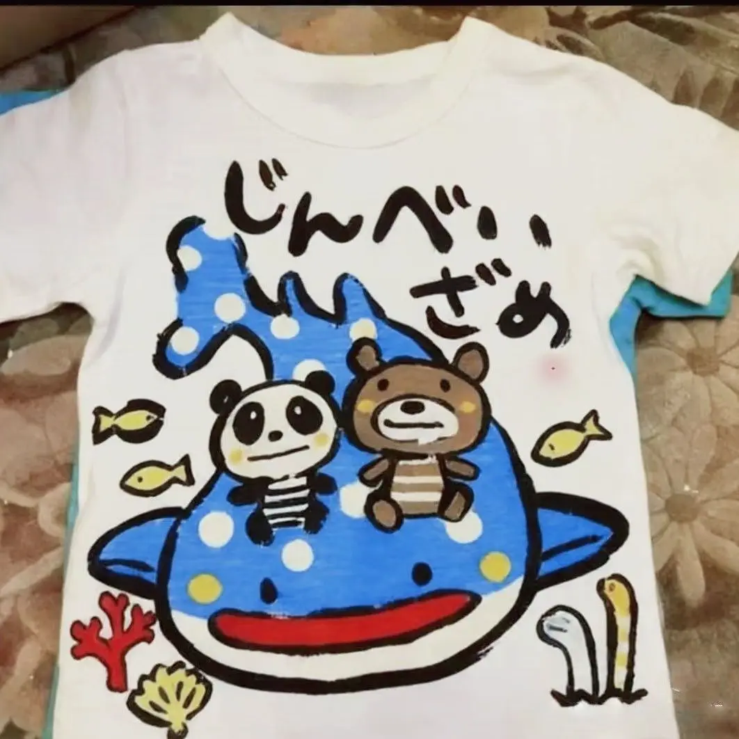 Preppy Style Sweet Cotton Short Sleeve T-Shirt Japanese Hand Drawn Cartoon Print Bear Rabbit Panda Animal Graphic Kawaii Tees