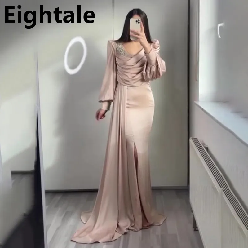 

Eightale Champagne Long Puffy Sleeves Evening Dress for Wedding Party V-Neck Arabic Prom Gown Mermaid vestidos de noche