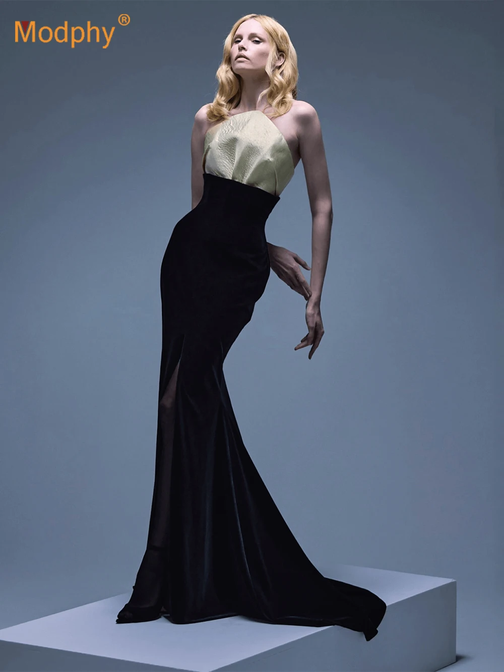 

Modphy Sexy Strapless Patchwork Velvet Long Dress Women Black Sleeveless Folds Maxi Slim Floor length Dress Evening Party Gowns