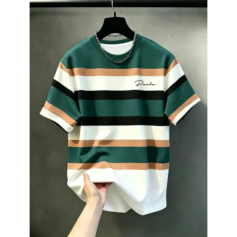 2026 Men Casual Striped T Shirt Crew Neck Breathable Regular Fit Fashion Top All Season Daily Formal Outdoor Sports Durable
