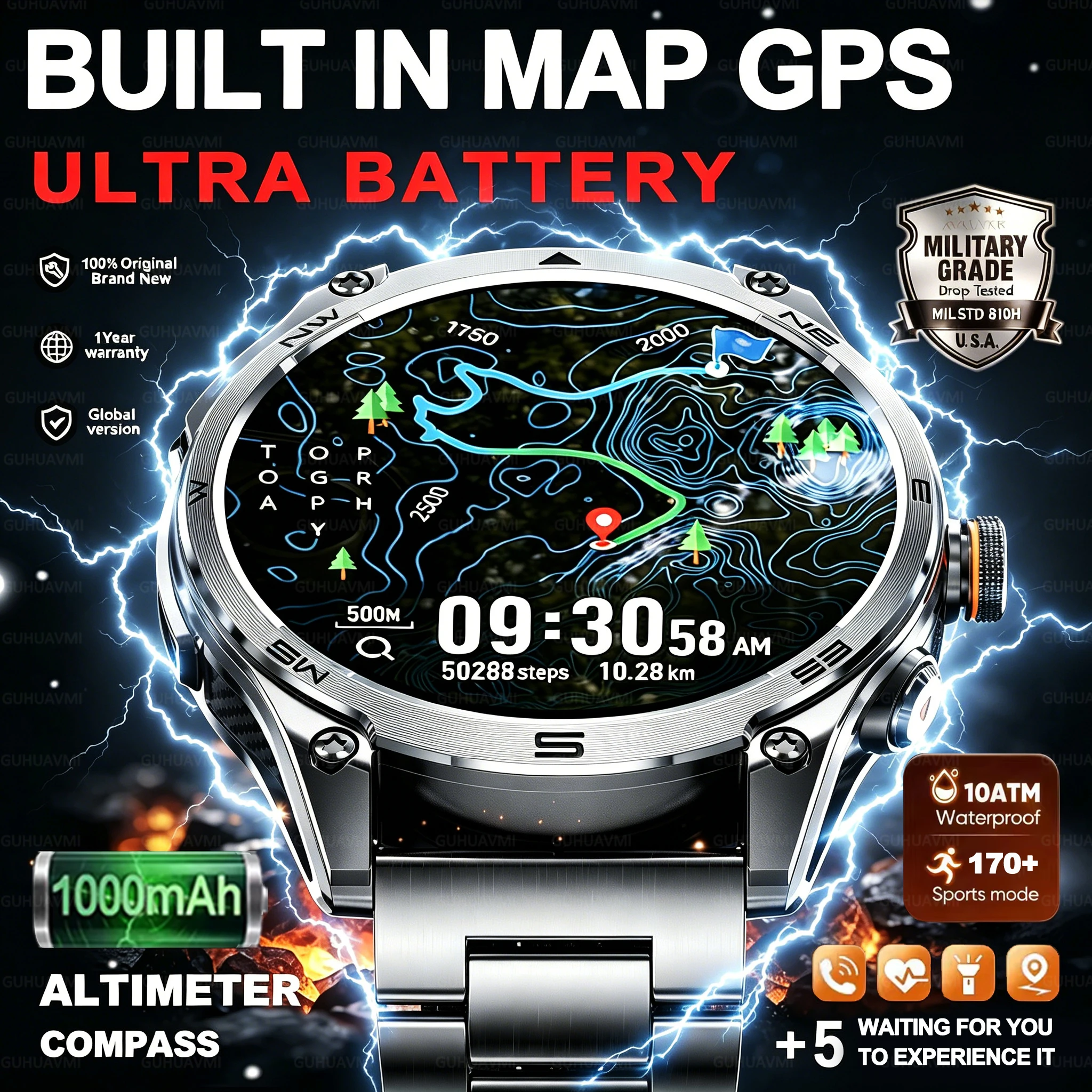 2026 New Military GPS Smart Watch 1000Mah Battery Compass IP